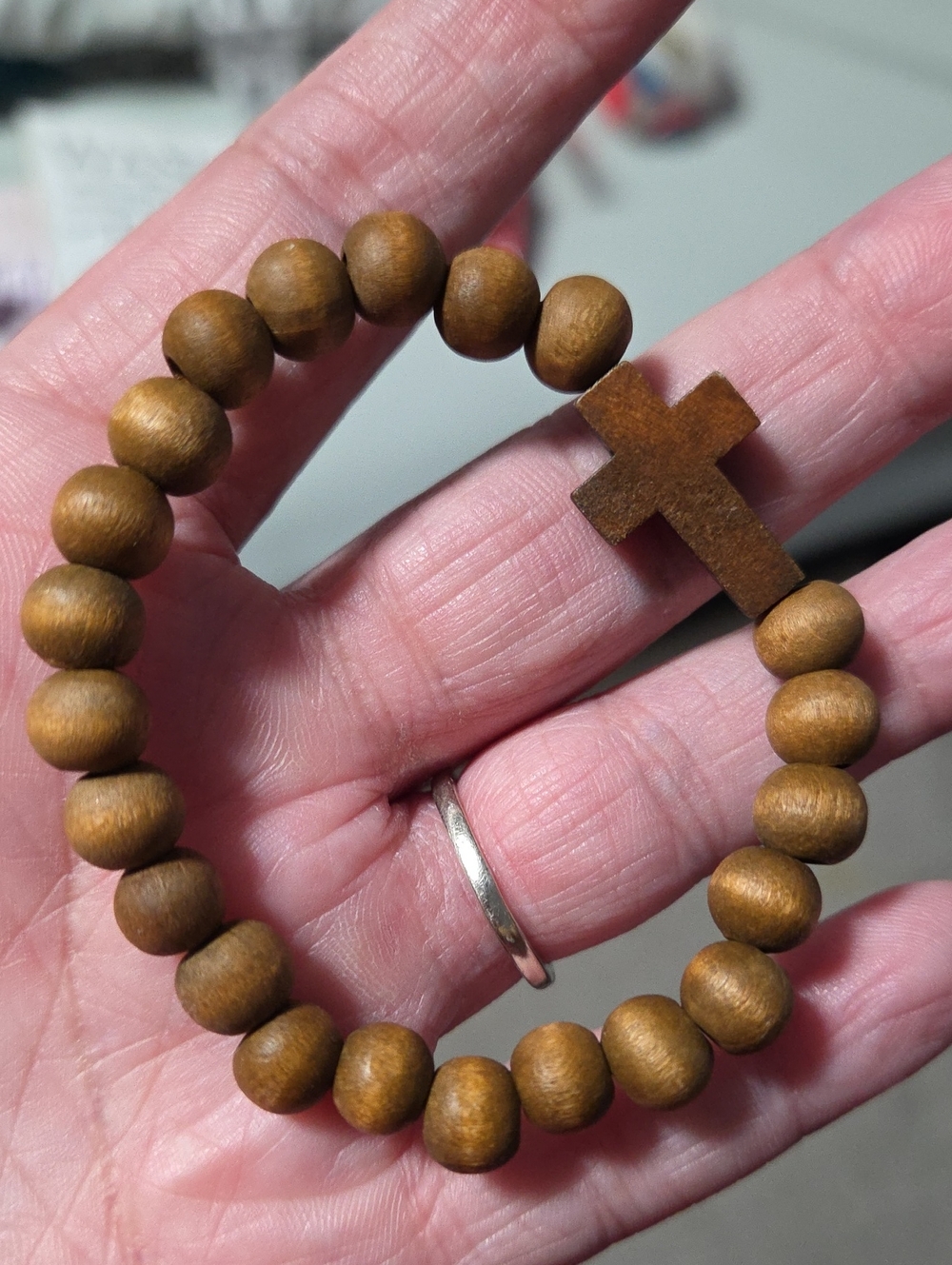 Brown Wooden Bead Bracelet with Cross Accent